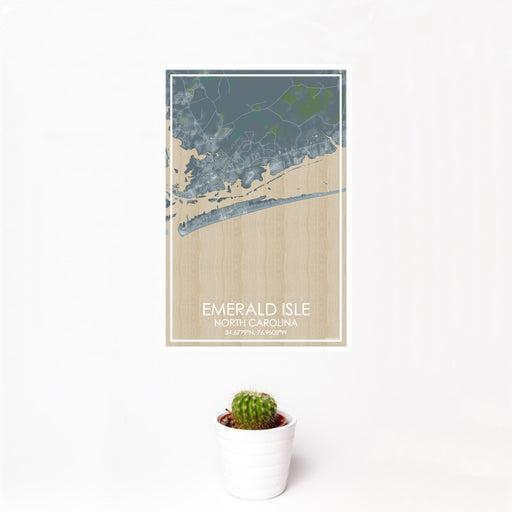 12x18 Emerald Isle North Carolina Map Print Portrait Orientation in Afternoon Style With Small Cactus Plant in White Planter