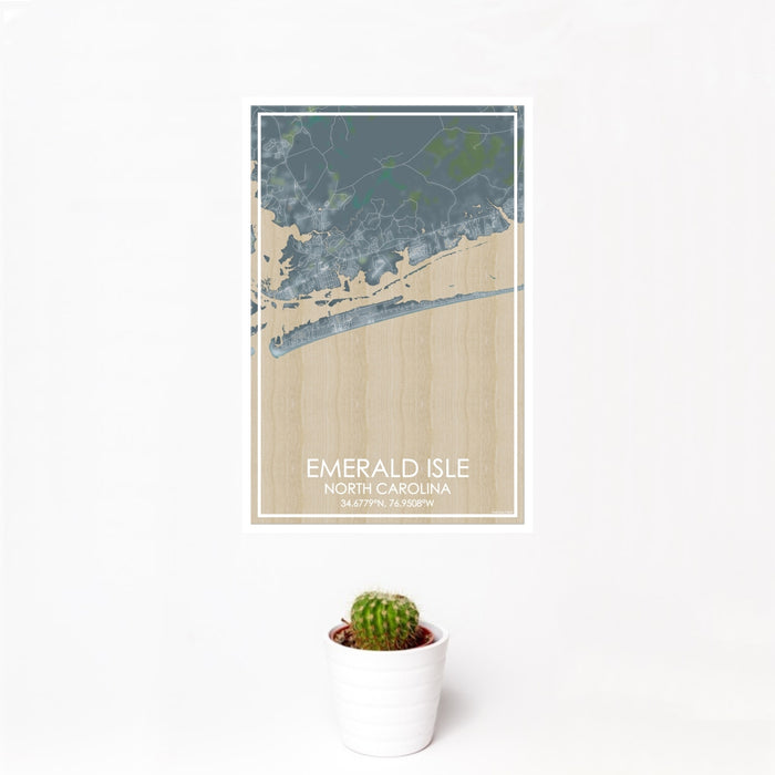 12x18 Emerald Isle North Carolina Map Print Portrait Orientation in Afternoon Style With Small Cactus Plant in White Planter