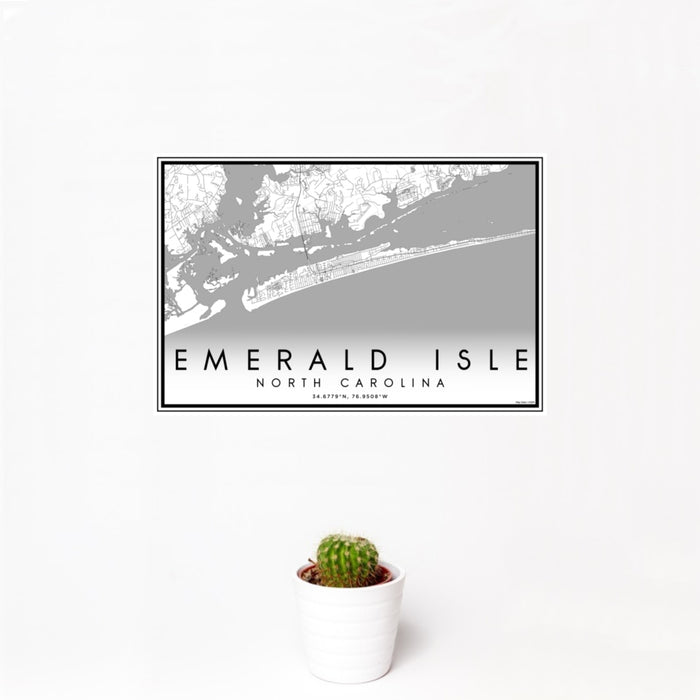 12x18 Emerald Isle North Carolina Map Print Landscape Orientation in Classic Style With Small Cactus Plant in White Planter