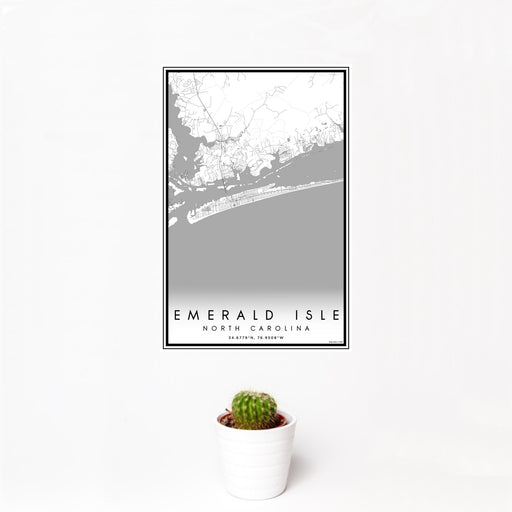 12x18 Emerald Isle North Carolina Map Print Portrait Orientation in Classic Style With Small Cactus Plant in White Planter