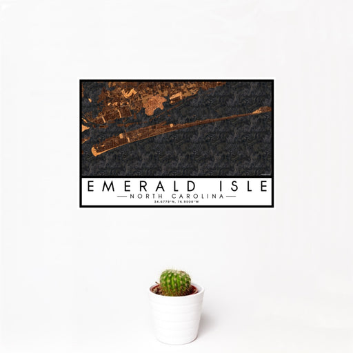 12x18 Emerald Isle North Carolina Map Print Landscape Orientation in Ember Style With Small Cactus Plant in White Planter