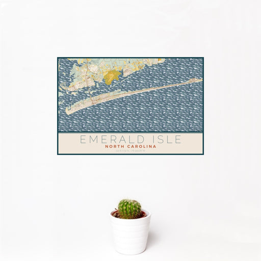 12x18 Emerald Isle North Carolina Map Print Landscape Orientation in Woodblock Style With Small Cactus Plant in White Planter