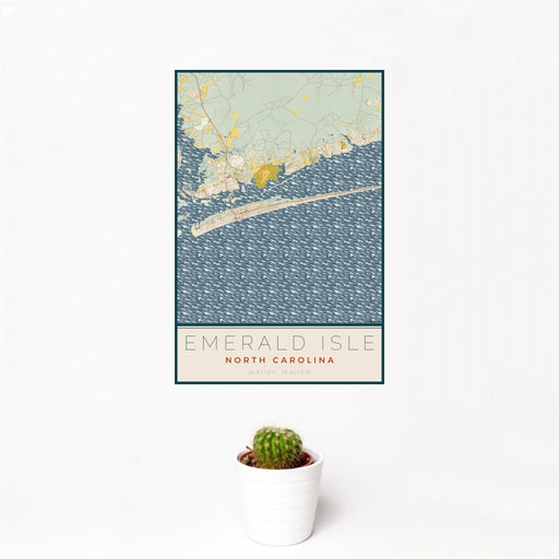 12x18 Emerald Isle North Carolina Map Print Portrait Orientation in Woodblock Style With Small Cactus Plant in White Planter
