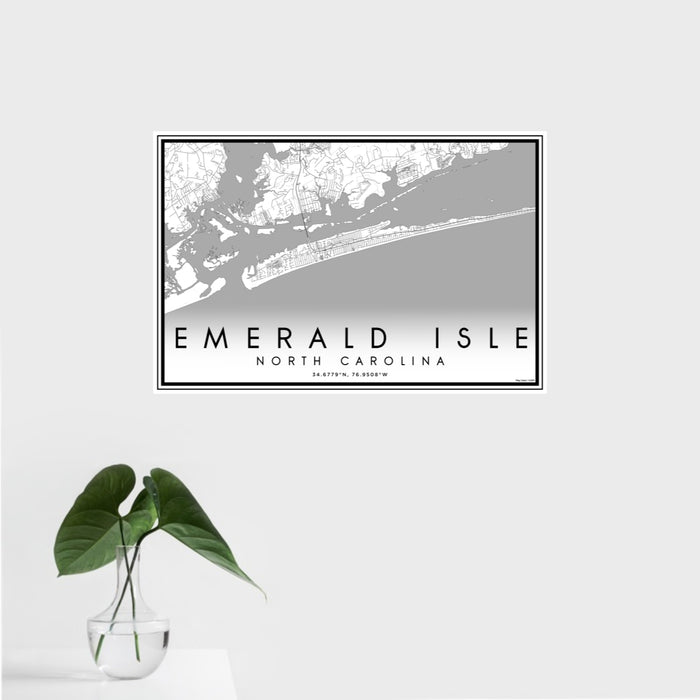 16x24 Emerald Isle North Carolina Map Print Landscape Orientation in Classic Style With Tropical Plant Leaves in Water