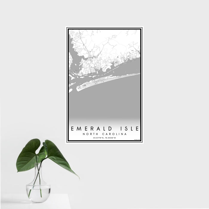 16x24 Emerald Isle North Carolina Map Print Portrait Orientation in Classic Style With Tropical Plant Leaves in Water