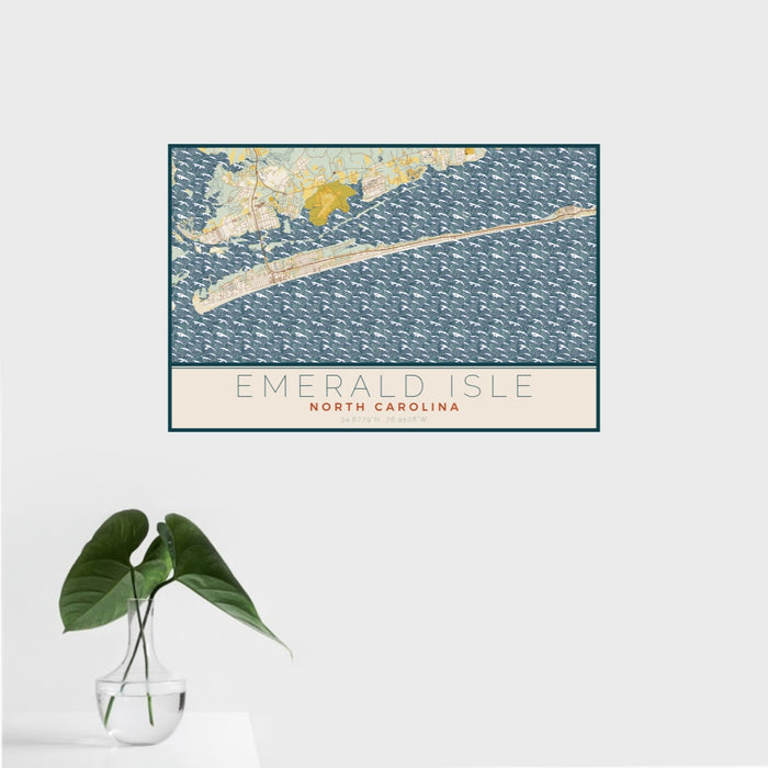 16x24 Emerald Isle North Carolina Map Print Landscape Orientation in Woodblock Style With Tropical Plant Leaves in Water