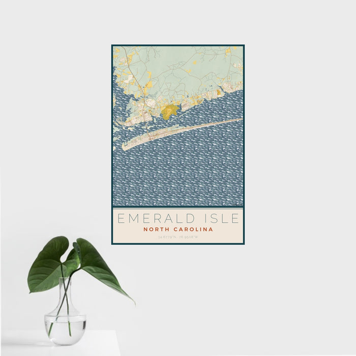 16x24 Emerald Isle North Carolina Map Print Portrait Orientation in Woodblock Style With Tropical Plant Leaves in Water