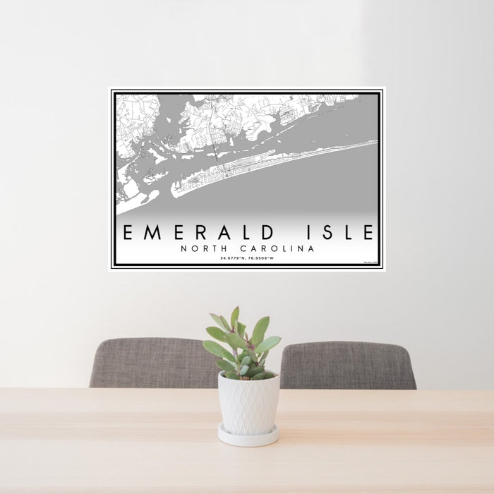 24x36 Emerald Isle North Carolina Map Print Lanscape Orientation in Classic Style Behind 2 Chairs Table and Potted Plant