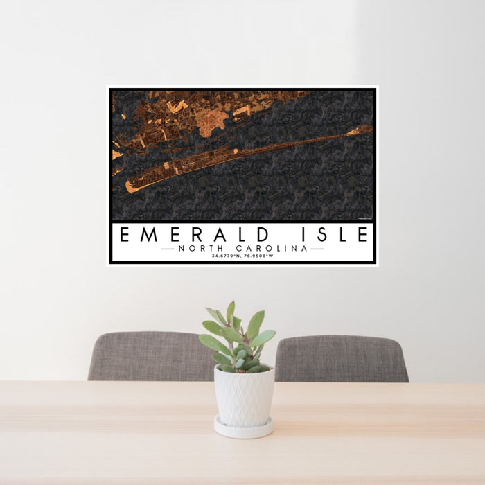 24x36 Emerald Isle North Carolina Map Print Lanscape Orientation in Ember Style Behind 2 Chairs Table and Potted Plant