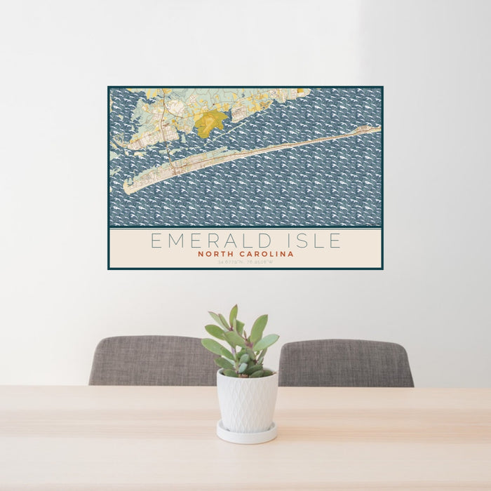 24x36 Emerald Isle North Carolina Map Print Lanscape Orientation in Woodblock Style Behind 2 Chairs Table and Potted Plant