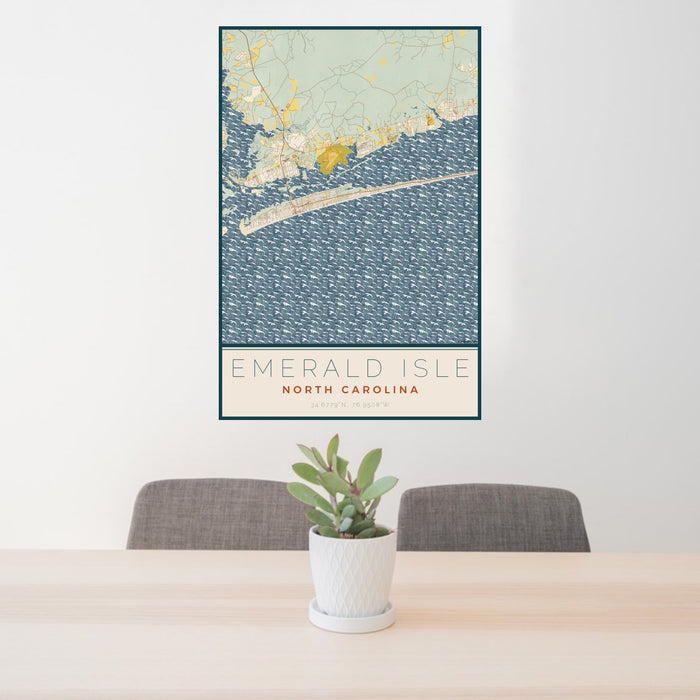 24x36 Emerald Isle North Carolina Map Print Portrait Orientation in Woodblock Style Behind 2 Chairs Table and Potted Plant