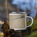 Right View Custom Emerald Isle North Carolina Map Enamel Mug in Afternoon on Grass With Trees in Background