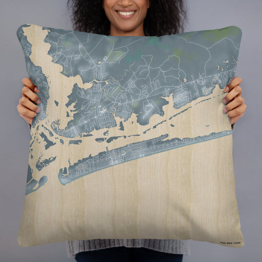 Person holding 22x22 Custom Emerald Isle North Carolina Map Throw Pillow in Afternoon