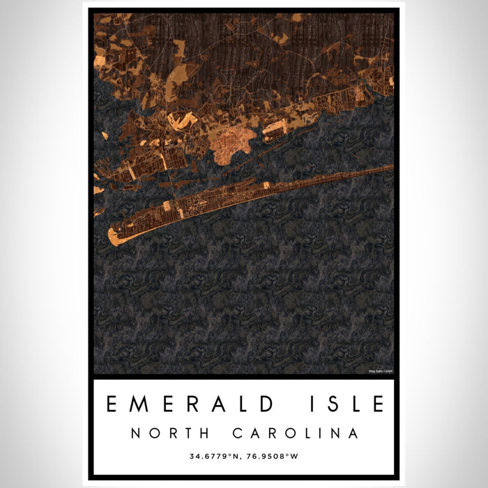 Emerald Isle North Carolina Map Print Portrait Orientation in Ember Style With Shaded Background
