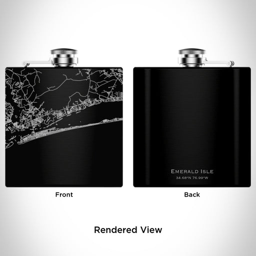 Rendered View of Emerald Isle North Carolina Map Engraving on 6oz Stainless Steel Flask in Black