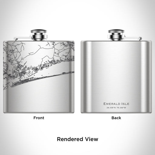 Rendered View of Emerald Isle North Carolina Map Engraving on 6oz Stainless Steel Flask