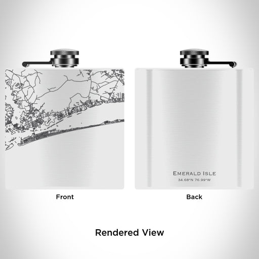 Rendered View of Emerald Isle North Carolina Map Engraving on 6oz Stainless Steel Flask in White
