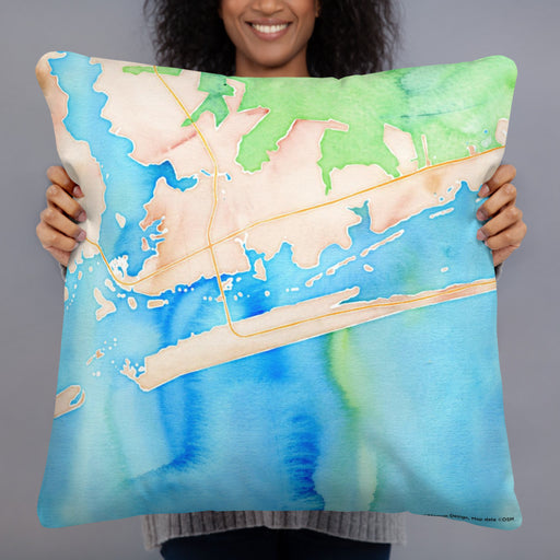 Person holding 22x22 Custom Emerald Isle North Carolina Map Throw Pillow in Watercolor