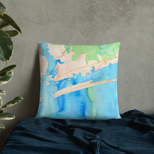 Custom Emerald Isle North Carolina Map Throw Pillow in Watercolor on Bedding Against Wall