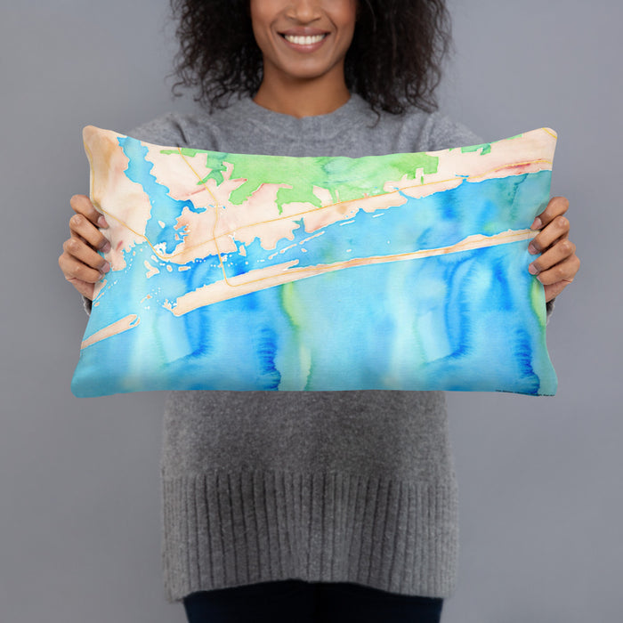 Person holding 20x12 Custom Emerald Isle North Carolina Map Throw Pillow in Watercolor