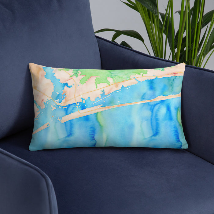 Custom Emerald Isle North Carolina Map Throw Pillow in Watercolor on Blue Colored Chair