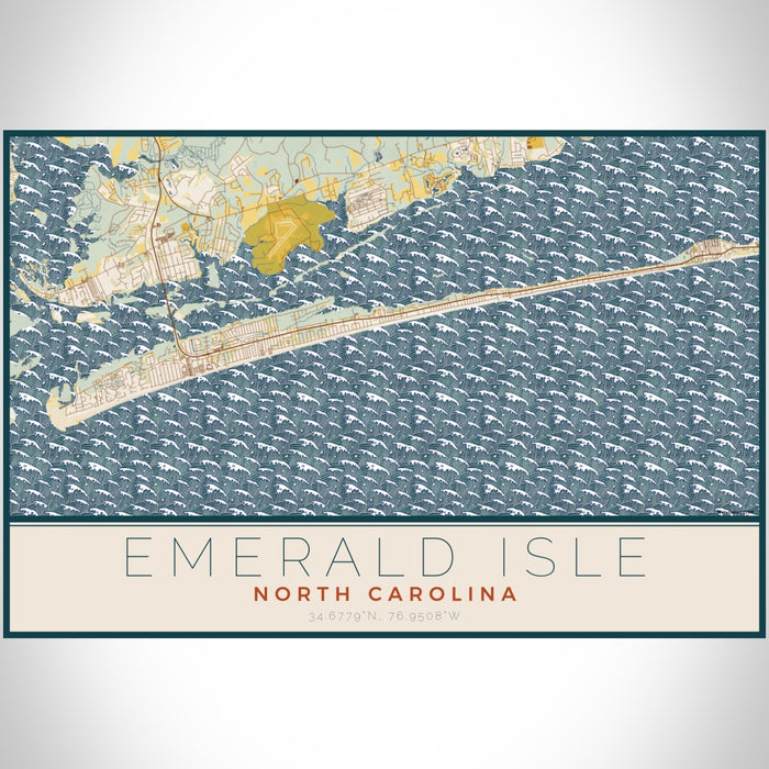 Emerald Isle North Carolina Map Print Landscape Orientation in Woodblock Style With Shaded Background
