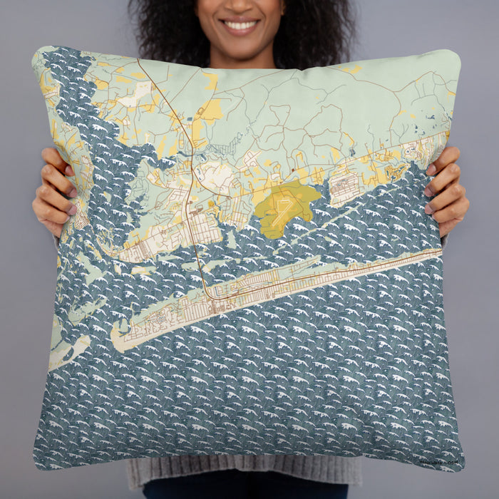 Person holding 22x22 Custom Emerald Isle North Carolina Map Throw Pillow in Woodblock