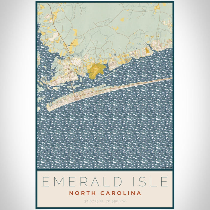 Emerald Isle North Carolina Map Print Portrait Orientation in Woodblock Style With Shaded Background