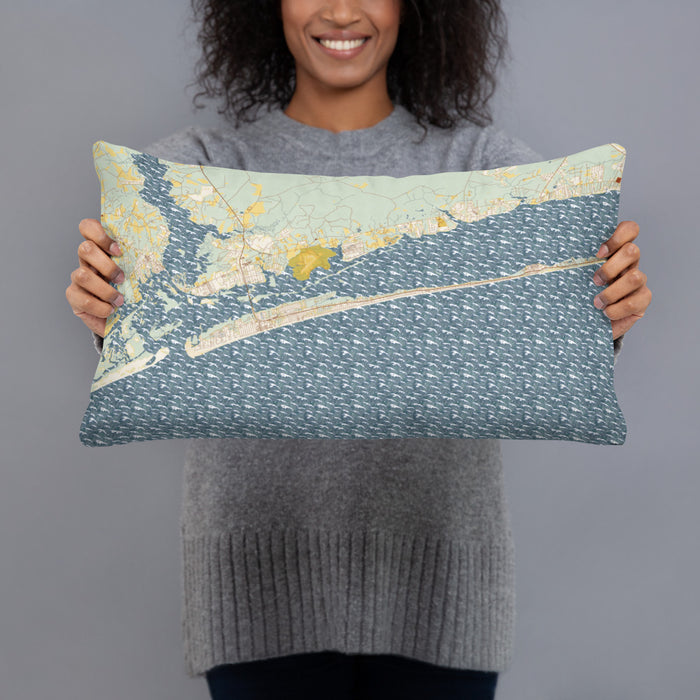 Person holding 20x12 Custom Emerald Isle North Carolina Map Throw Pillow in Woodblock