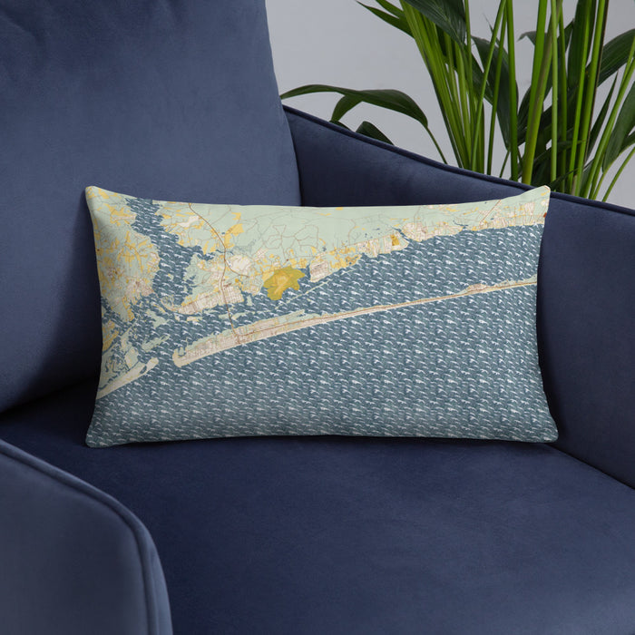 Custom Emerald Isle North Carolina Map Throw Pillow in Woodblock on Blue Colored Chair