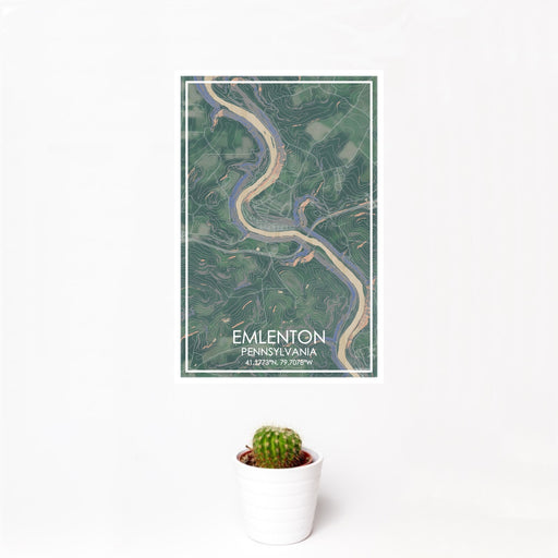 12x18 Emlenton Pennsylvania Map Print Portrait Orientation in Afternoon Style With Small Cactus Plant in White Planter