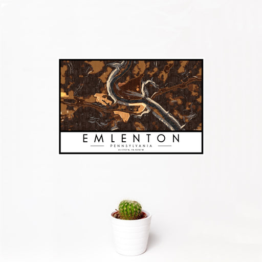 12x18 Emlenton Pennsylvania Map Print Landscape Orientation in Ember Style With Small Cactus Plant in White Planter