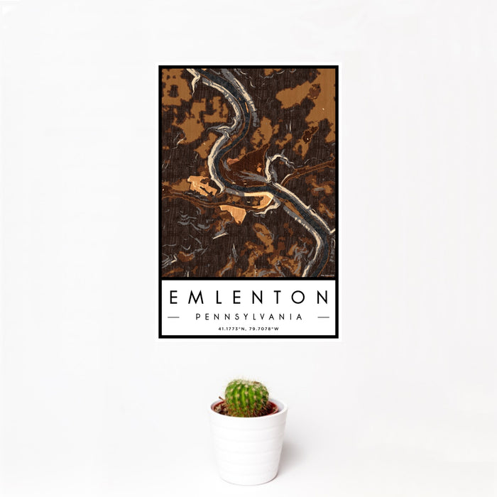 12x18 Emlenton Pennsylvania Map Print Portrait Orientation in Ember Style With Small Cactus Plant in White Planter