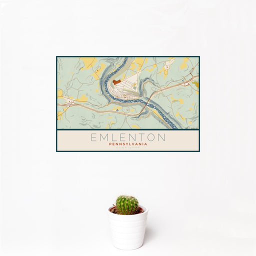 12x18 Emlenton Pennsylvania Map Print Landscape Orientation in Woodblock Style With Small Cactus Plant in White Planter
