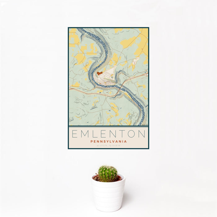 12x18 Emlenton Pennsylvania Map Print Portrait Orientation in Woodblock Style With Small Cactus Plant in White Planter