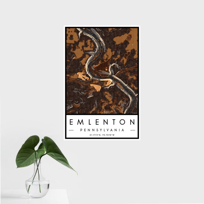 16x24 Emlenton Pennsylvania Map Print Portrait Orientation in Ember Style With Tropical Plant Leaves in Water