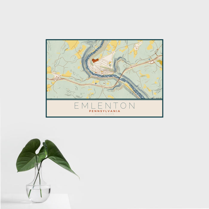 16x24 Emlenton Pennsylvania Map Print Landscape Orientation in Woodblock Style With Tropical Plant Leaves in Water