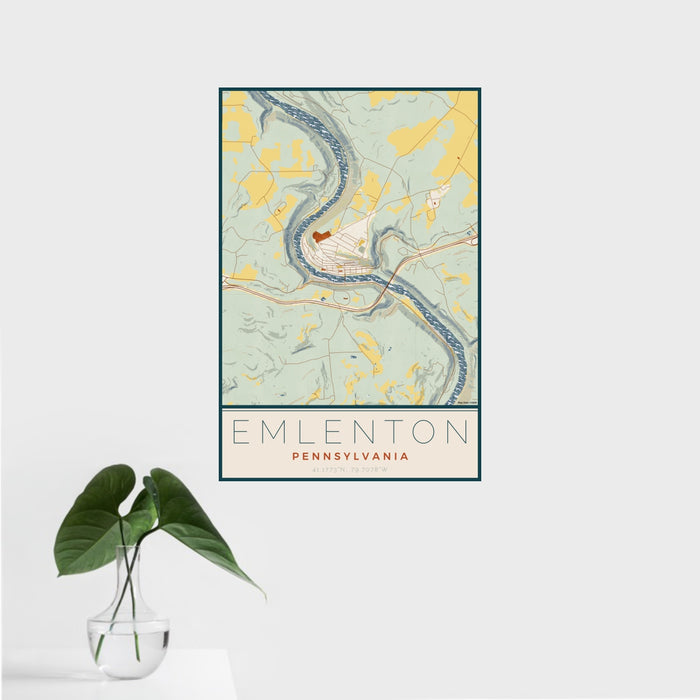 16x24 Emlenton Pennsylvania Map Print Portrait Orientation in Woodblock Style With Tropical Plant Leaves in Water