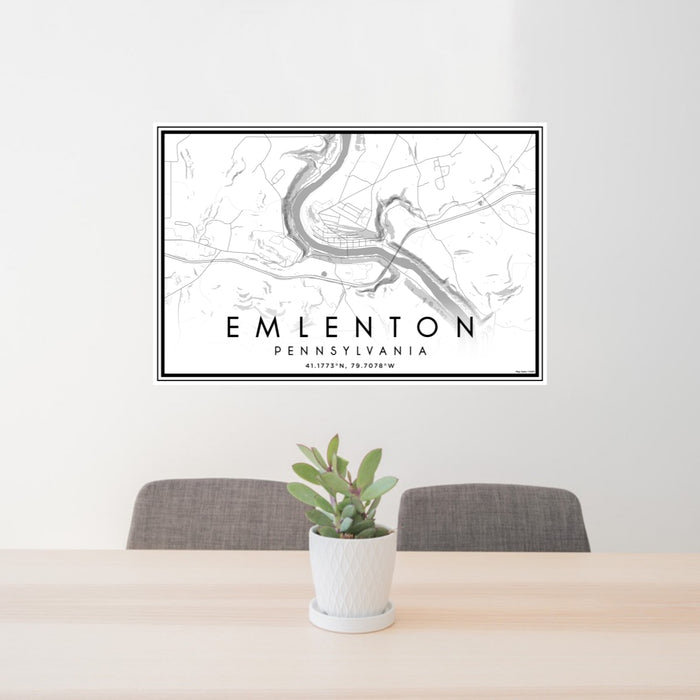 24x36 Emlenton Pennsylvania Map Print Lanscape Orientation in Classic Style Behind 2 Chairs Table and Potted Plant