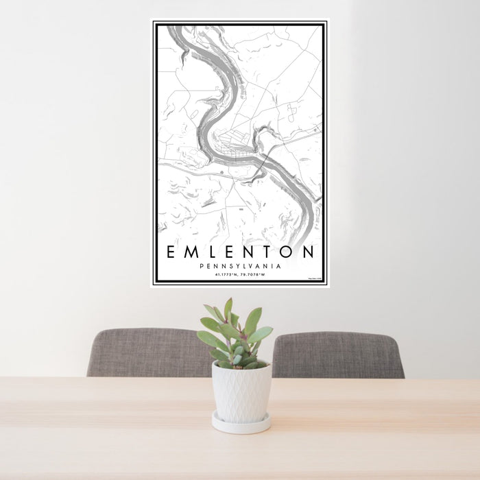 24x36 Emlenton Pennsylvania Map Print Portrait Orientation in Classic Style Behind 2 Chairs Table and Potted Plant