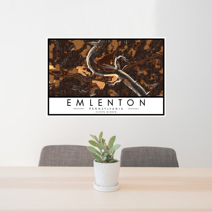 24x36 Emlenton Pennsylvania Map Print Lanscape Orientation in Ember Style Behind 2 Chairs Table and Potted Plant