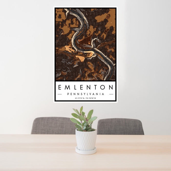 24x36 Emlenton Pennsylvania Map Print Portrait Orientation in Ember Style Behind 2 Chairs Table and Potted Plant