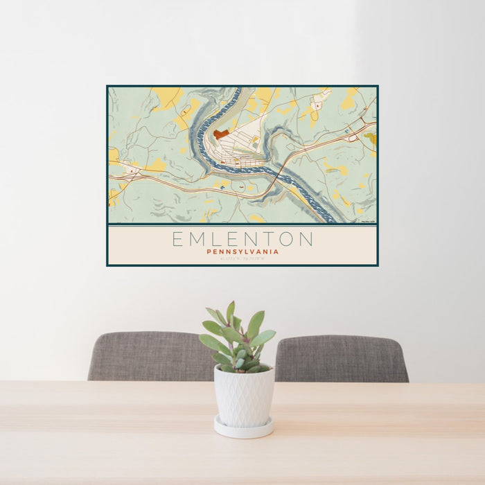 24x36 Emlenton Pennsylvania Map Print Lanscape Orientation in Woodblock Style Behind 2 Chairs Table and Potted Plant