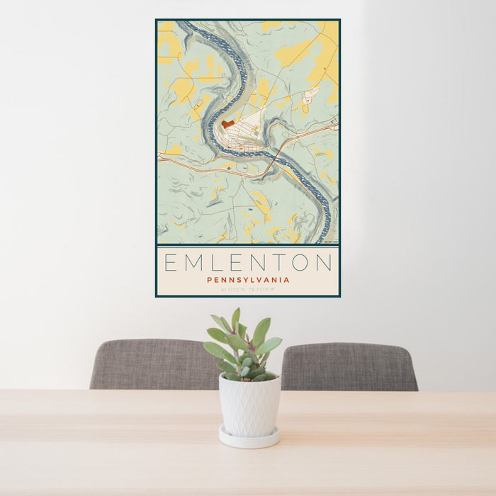 24x36 Emlenton Pennsylvania Map Print Portrait Orientation in Woodblock Style Behind 2 Chairs Table and Potted Plant