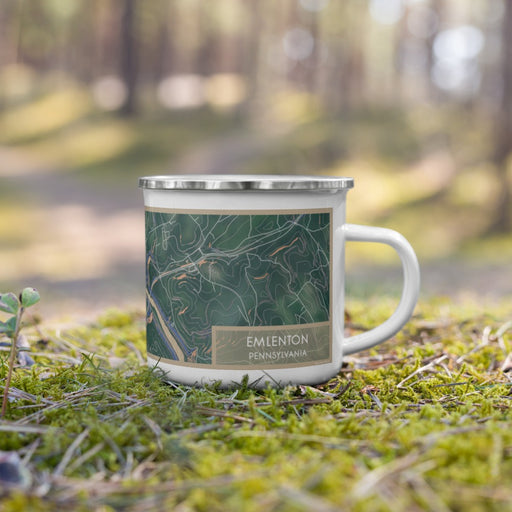 Right View Custom Emlenton Pennsylvania Map Enamel Mug in Afternoon on Grass With Trees in Background