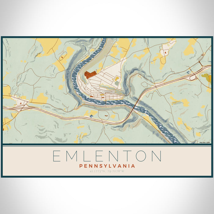 Emlenton Pennsylvania Map Print Landscape Orientation in Woodblock Style With Shaded Background