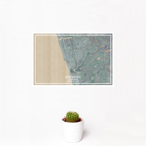 12x18 Encinitas California Map Print Landscape Orientation in Afternoon Style With Small Cactus Plant in White Planter