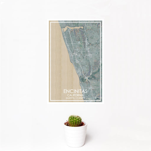 12x18 Encinitas California Map Print Portrait Orientation in Afternoon Style With Small Cactus Plant in White Planter