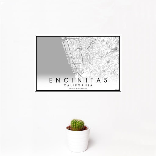 12x18 Encinitas California Map Print Landscape Orientation in Classic Style With Small Cactus Plant in White Planter