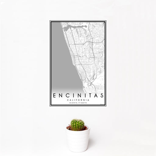 12x18 Encinitas California Map Print Portrait Orientation in Classic Style With Small Cactus Plant in White Planter